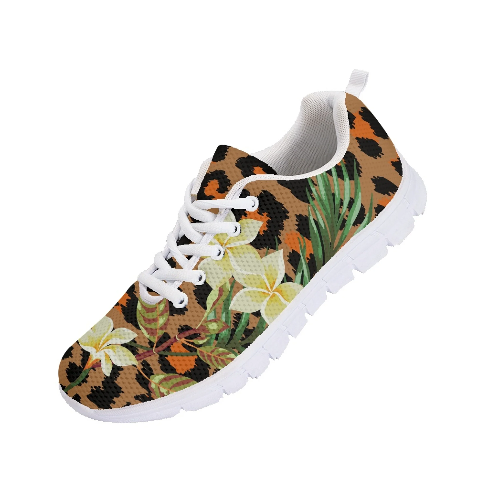 Yikeluo Leopard with Plumeria Pattern Print Flat Shoes for Women Lace up Casual Sneakers Outdoor Lightweight Sport Footwear 2022