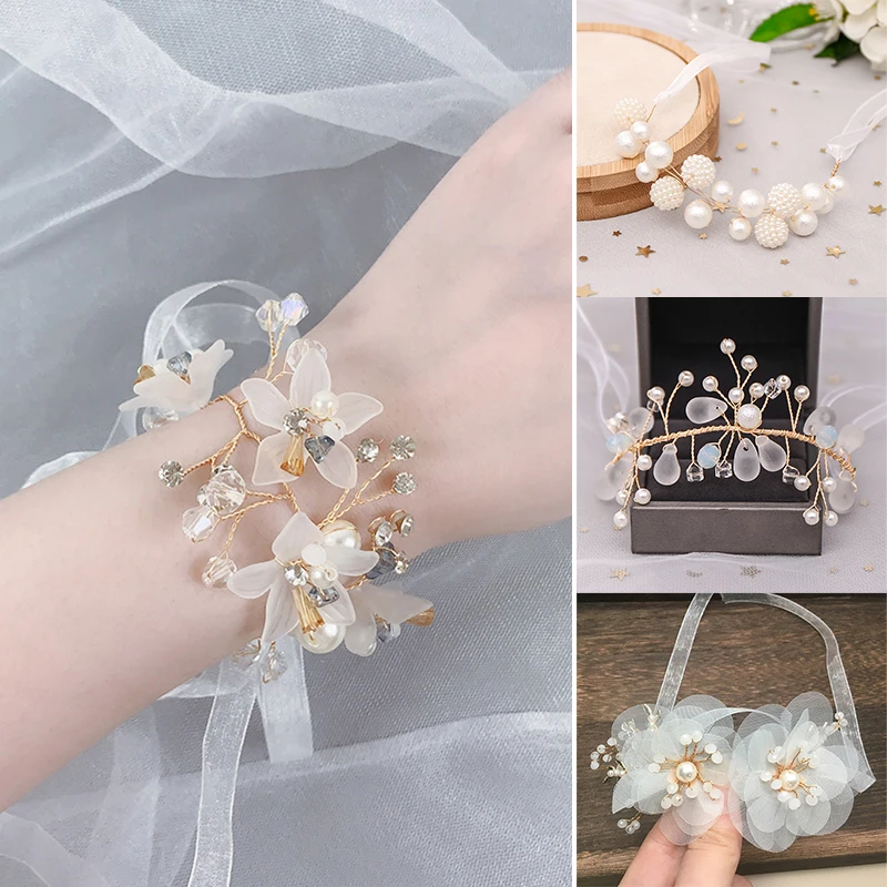 

White Lace Wrist Corsage Bridesmaid Pearl Hand Flower Bracelet Artificial Bride Flowers For Wedding Dancing Party Decor Bridal
