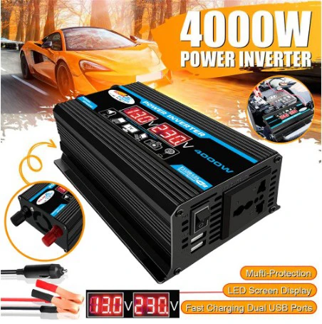 อินเวอร์เตอร์แปลงไฟรถยนต์ 4000W 12V เป็น 220V/110V พร้อมจอ LED แสดงผล ตัวแปลงไฟ ชาร์จเจอร์ อะแดปเตอร์ ป้องกันหลายชั้น พอร์ต USB คู่ แปลงแรงดันไฟฟ้า 1