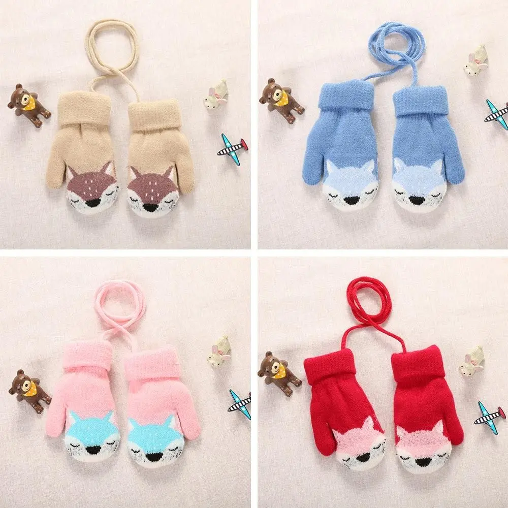 Winter Plush Hanging Neck Thick Warm Kids Gloves Cute Knitted Mittens For 1-3 Years Old