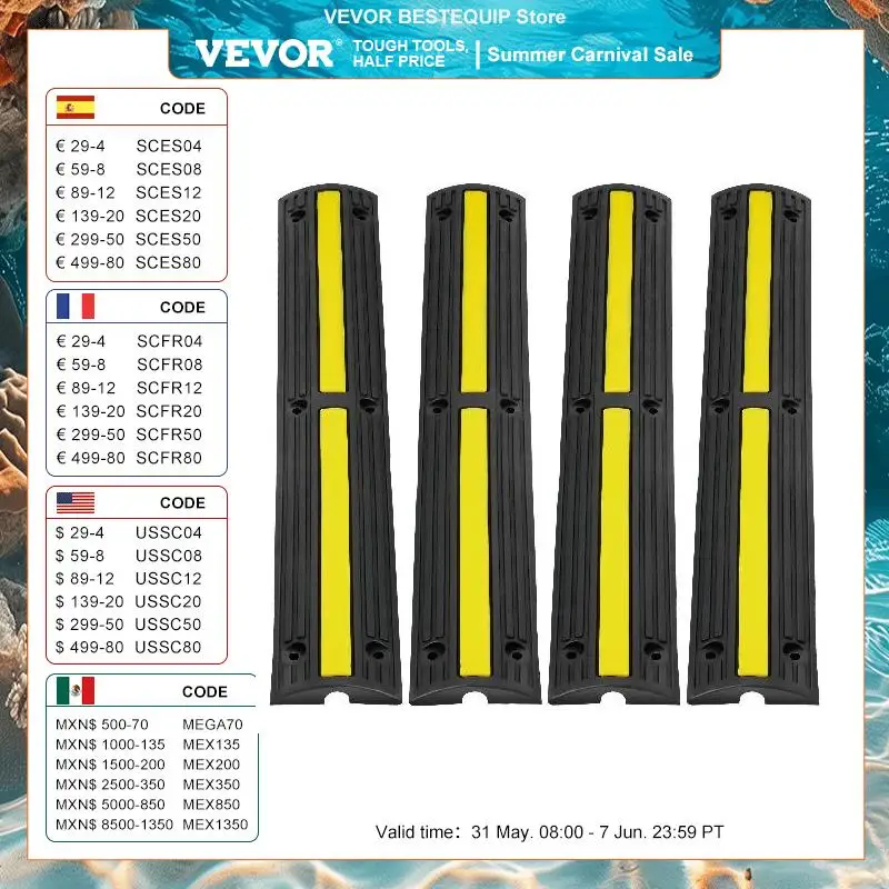 VEVOR 3.28 ft Cable Protector Ramp 4 PCs 1 Channel 18000 lbs/axle Capacity Heavy Duty Rubber Speed Bumps for Residential Areas