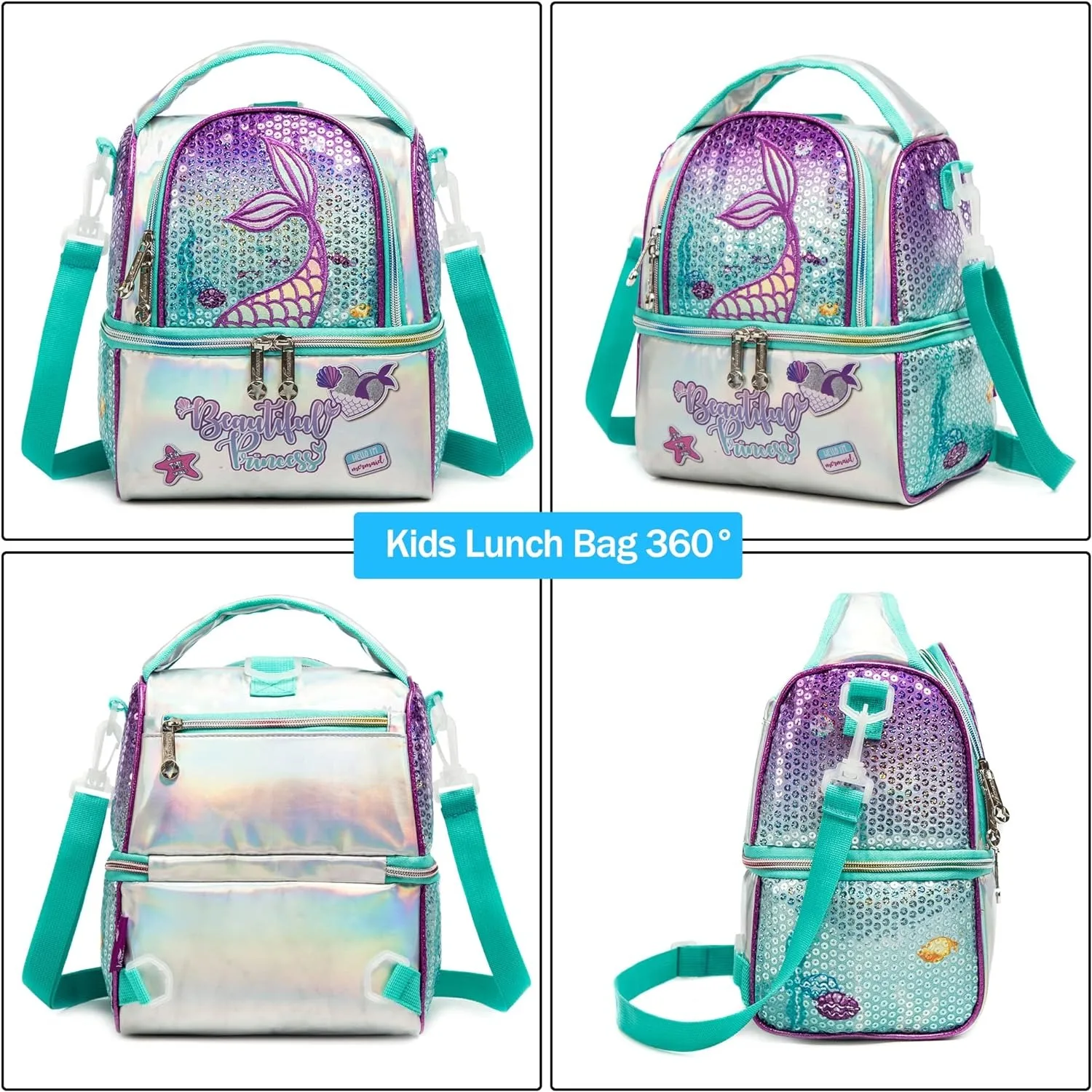 Lunch Bag for Kids Insulated Bag with Adjustable Strap High Capacity Lunchbox School Child Girls Mermaid Sequins Bento Bag 5