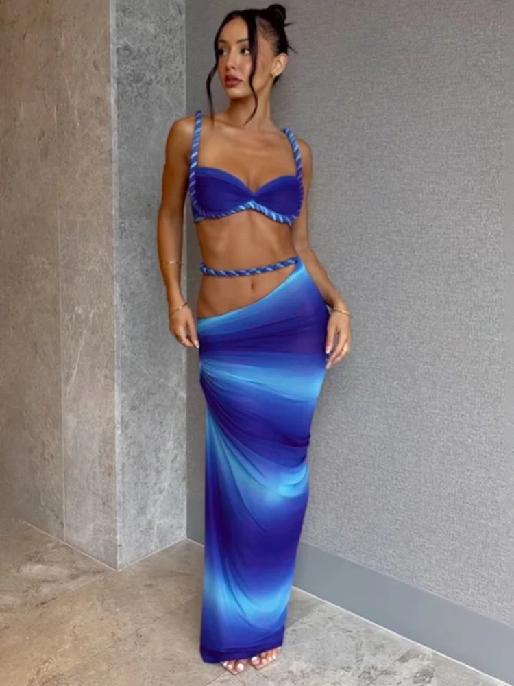 Nibber Vacation Sexy Women 2 Piece Set Bandage Ruched Square Collar Bra+Skinny Long Skirts 2025 Summer  Beach Party Trend Suits