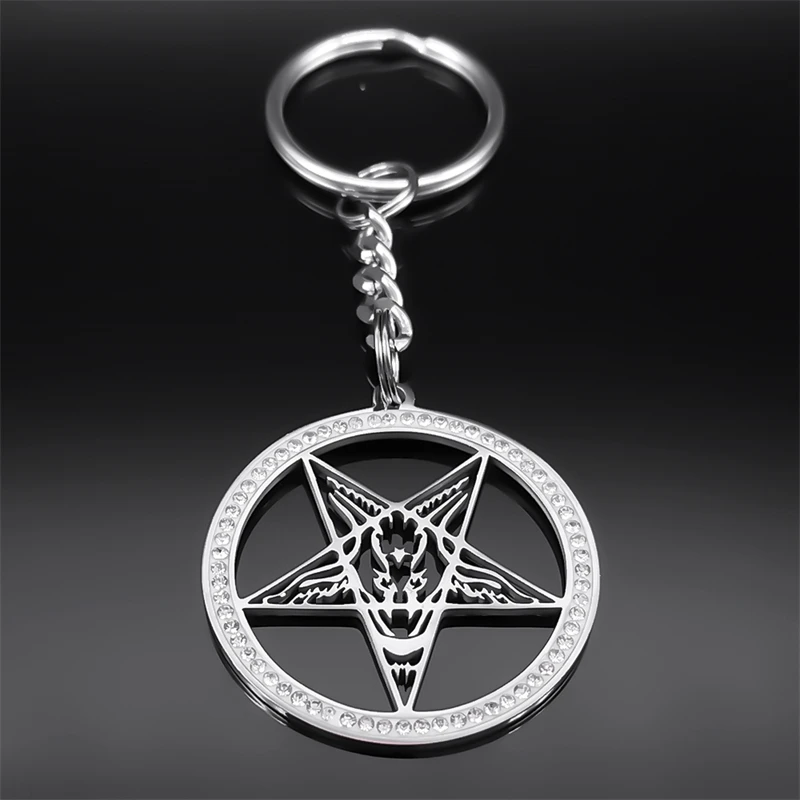Pagan Inverted Pentagram Ziege Schlüsselanhänger Edelstahl Strass Gothic Baphomet Schlüsselanhänger Autozubehör Schmuck Geschenk K150S03 – Detail 6