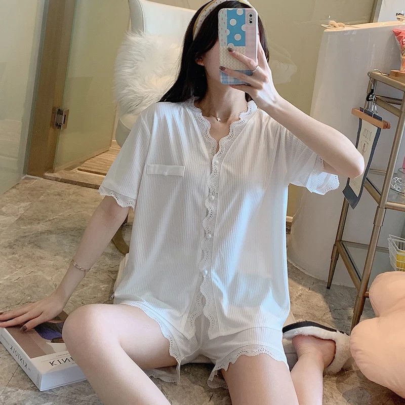 Women's pajamas suit 2024 summer short-sleeved pit stripe imitation cotton cardigan V-neck lace casual sweet homewear pajamas