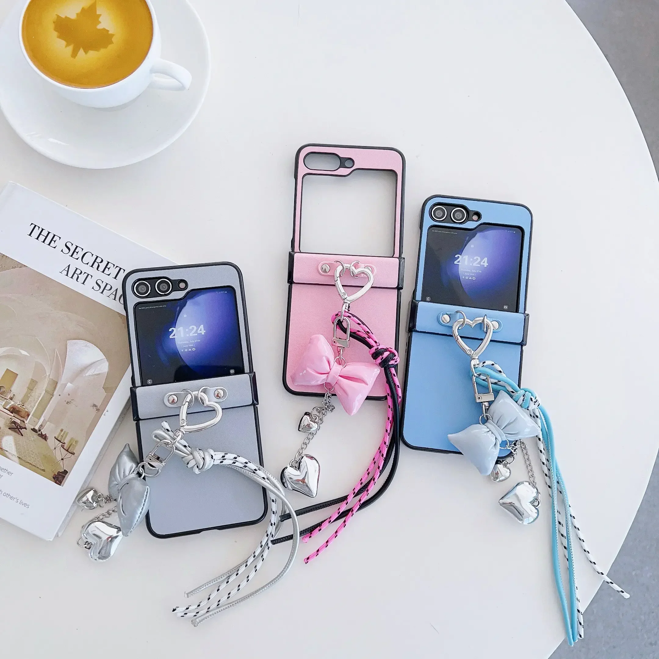 Heart Wrist Strap PU Leather Bowknot Phone Case with Hinge Protection and Shockproof Cover