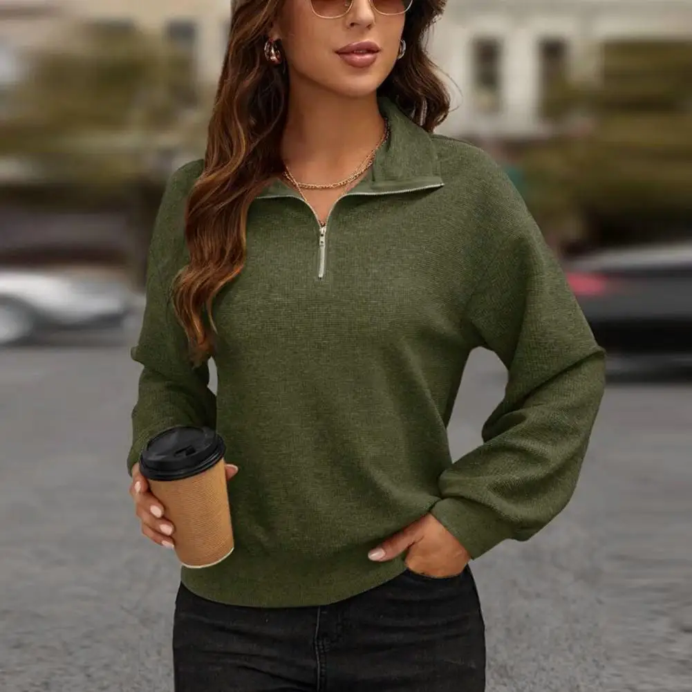 

Women Sweatshirt Autumn Winter Women's Loose Fit Lapel Zipper Blouse Casual Pullover Sweatshirt with Long Sleeves Solid Color