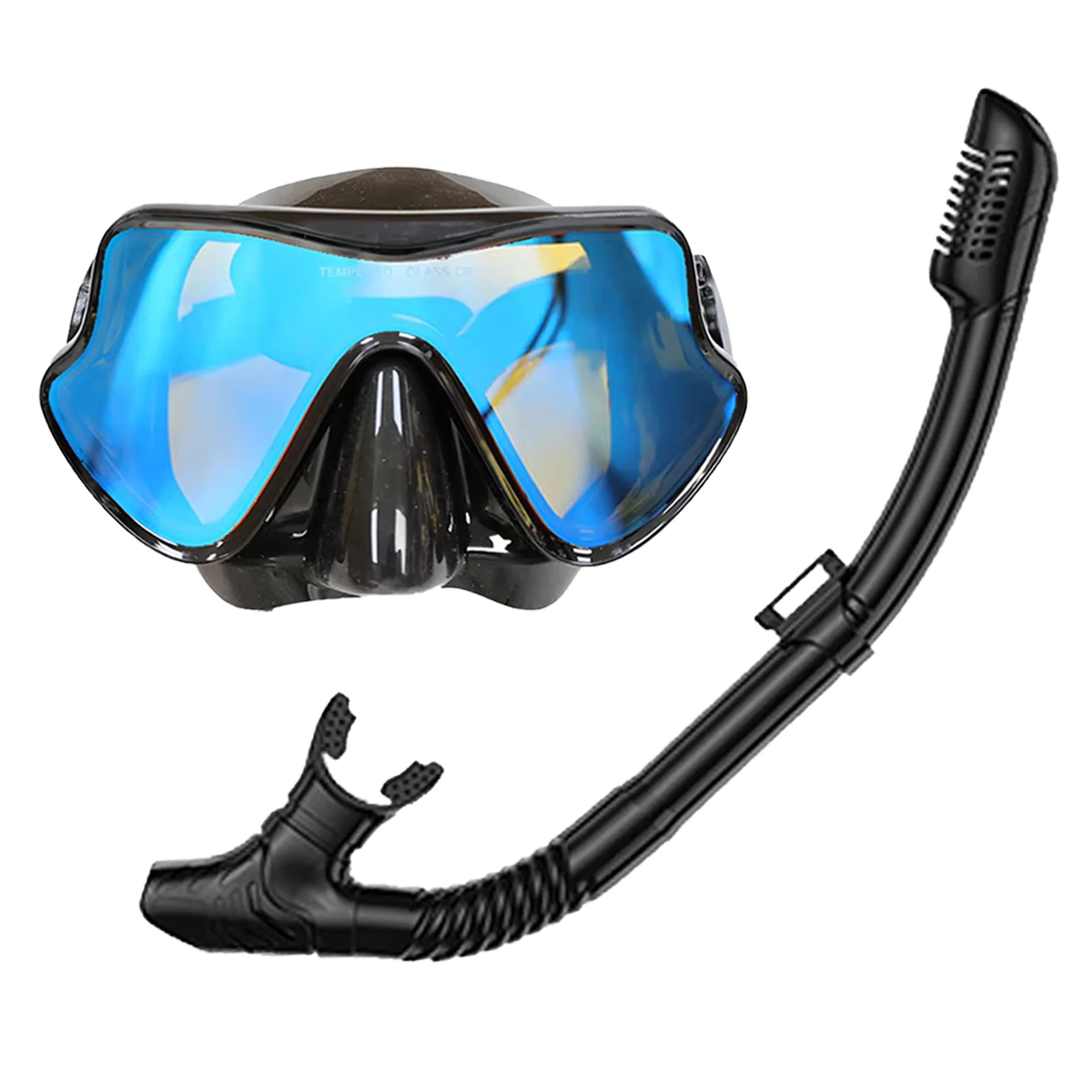 Colorful Tempered Glass Snorkeling Mask Set with Dry Top Breathing Tube and Silicone Goggles