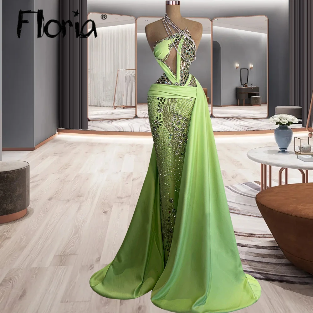 

Sexy Backless Green Beading Luxury Handmade Evening Dress with Long Train 2023 Pageant Party Gowns Wedding Prom Dresses