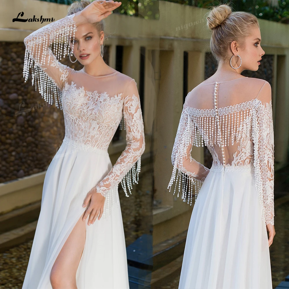 Tassel Lace Chiffon Boho Wedding Dress Illusion Long Sleeve Bridal Gown High Slit A-Line Sweep Train Wedding Gowns Customized 1
