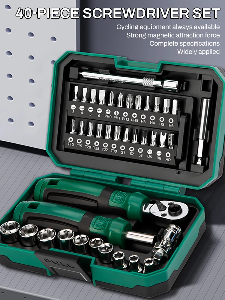 Ratelschroevendraaierset, 40-in-1, S2 stalen schroevendraaierbits, magnetische ratel, doe-het-zelf combinatie flexibele as, geschikt voor