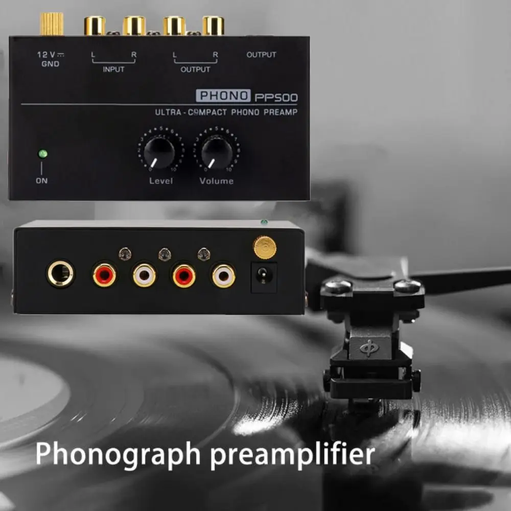초소형 PP500 포노 프리앰프 EU/US/UK/AU 플러그 레벨 볼륨 조절 프리앰프 블랙 메탈 포노 프리앰프
