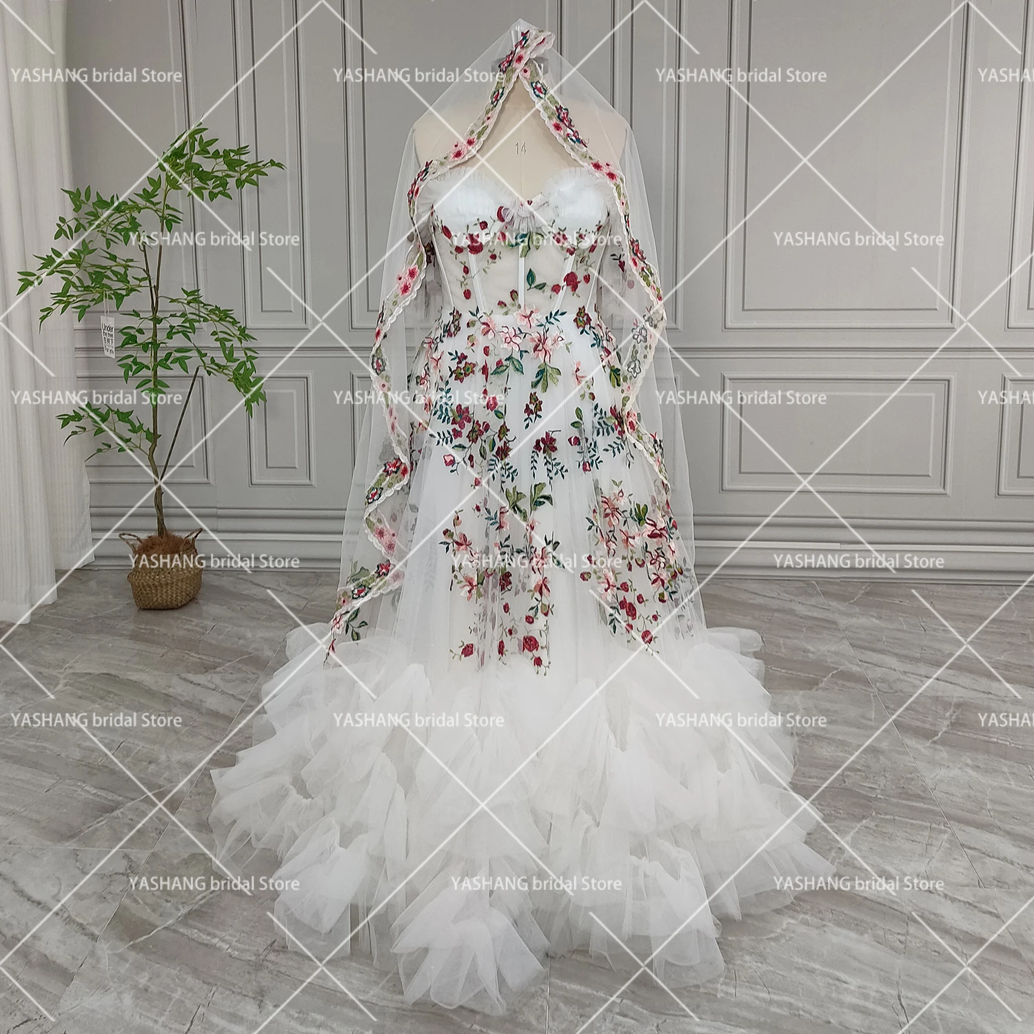 Customized Fairy Colorful Embrioiderey Puffy Wedding Dress Off Shoulders Sweetheart Overlay Tulle Bloom Flower Bridal Gowns 2