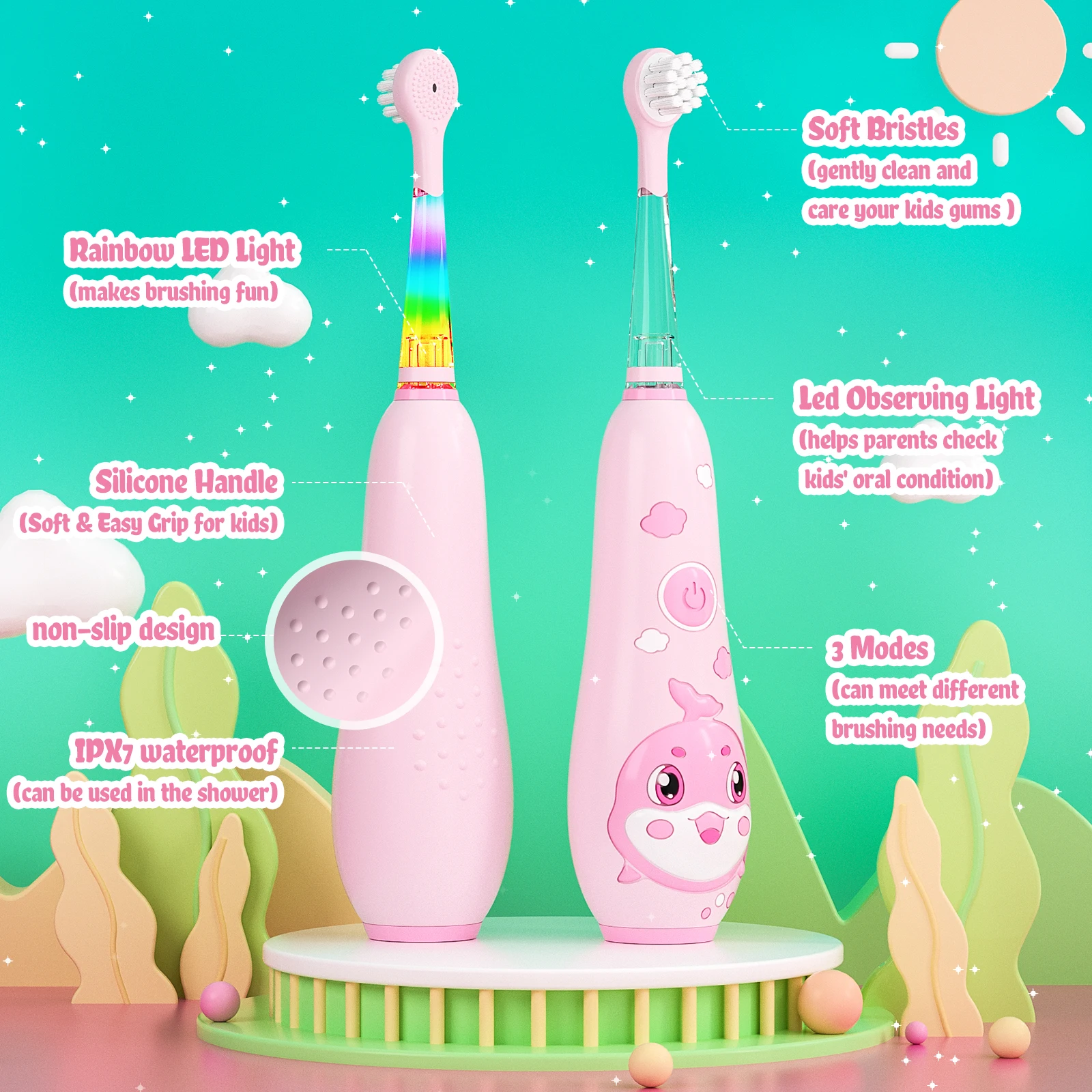 Seago Kids Electric Toothbrush Sonic Child Dolphin Colorful Observing LED 2 mins Smart Timer IPX7  Waterproof Teeth Cleaning 2