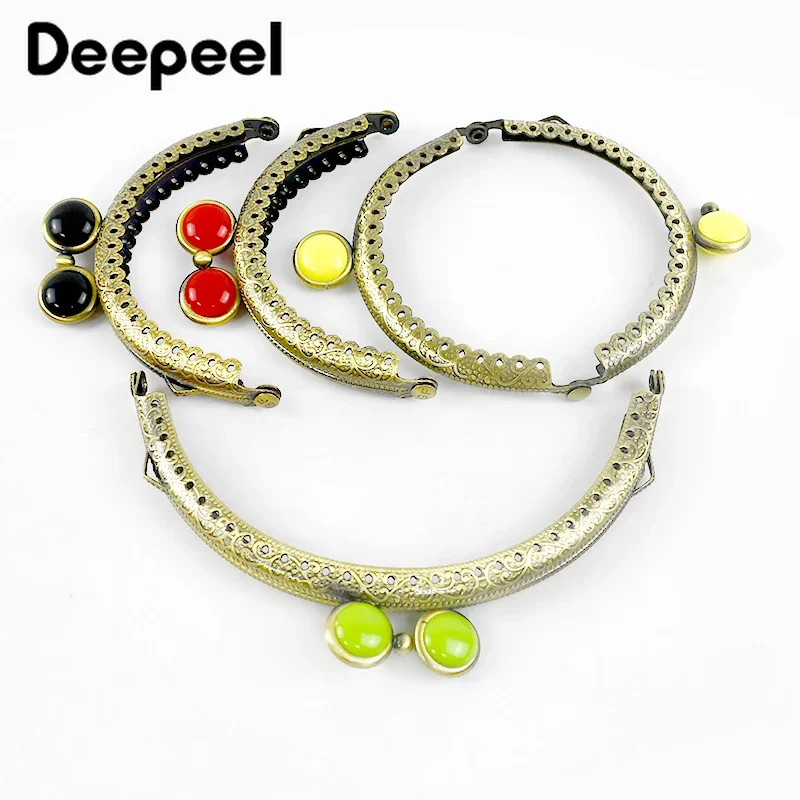 5Pcs 8.5-12.5cm Colored Bead Embossed Bag Handles Bronze Kiss Clasp for Making Purse Frame Sewing Brackets Hardware Accessories