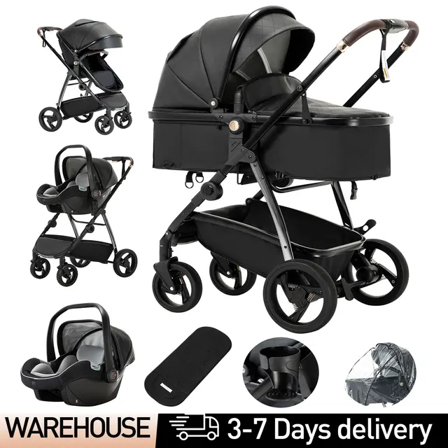 3 en 1 landau poussette Portable luxueux voyage landau haut paysage nouveau-né bébé poussette avec porte-bébé en cuir PU 1