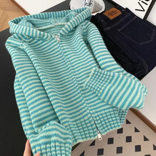 Japanese Y2K Harajuku Hot Girl Retro Contrast Striped Knitted hoodie Autumn/Winter Women Loose Casual Zipper Sweater emo - Image 5