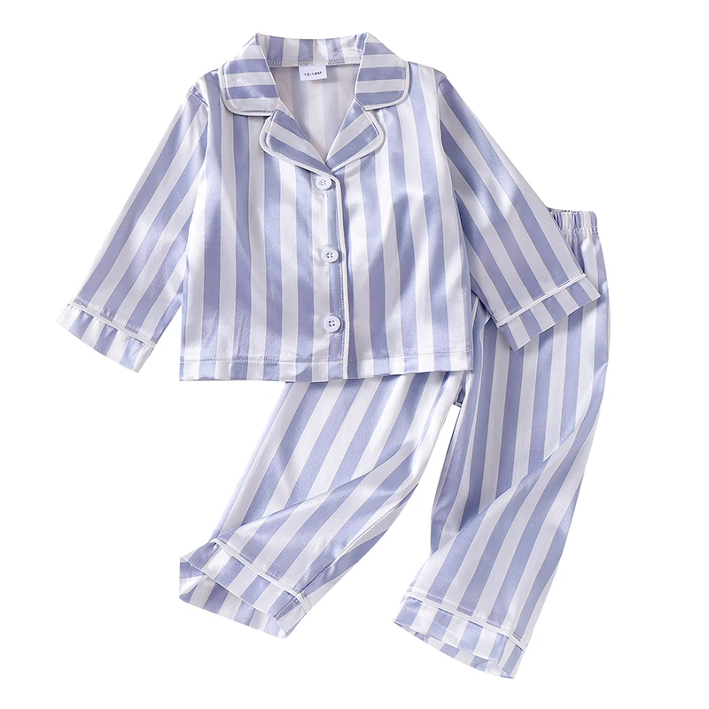 Kids Boys Girls Pajamas Set Vertical Stripe Print Button Long Sleeves Shirt and Pants Loungewear Sleepwear