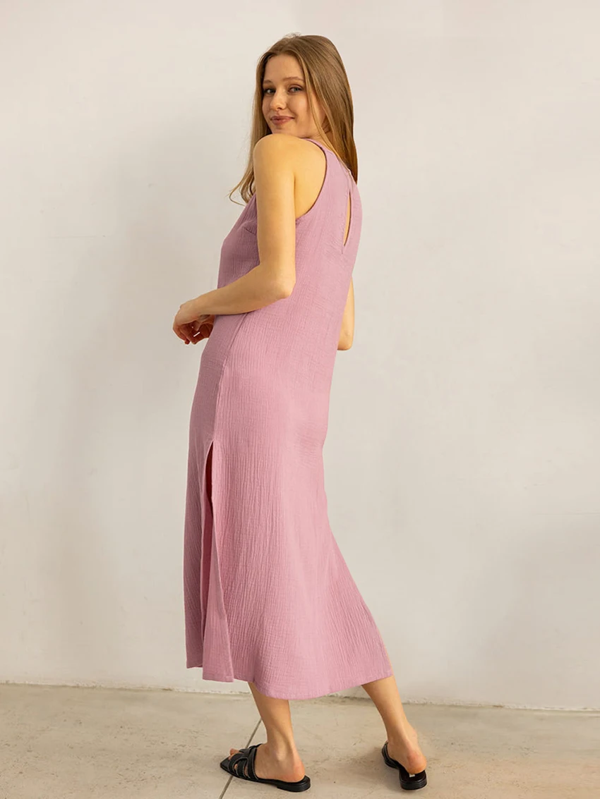 Marthaqiqi Cotton Female Nightwear O-Neck Sleepwear Sleeveless Pajama Backless Nightie Mid-Calf Casual Summer Home Clothes Women
