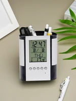 Perpetual Calendar Pen Holder Anti Slip Base Date Time Display Temperature Detection Desktop Storage Decorative Clock Pen Holder 1
