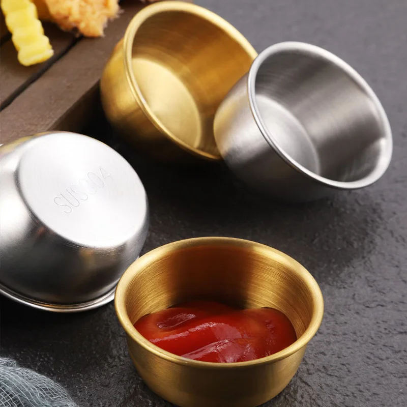 1Pc Korean Sauce Katori Tableware 304 Stainless Steel Golden Seasoning Plate Tomato Sauce Bowl - 7Cm