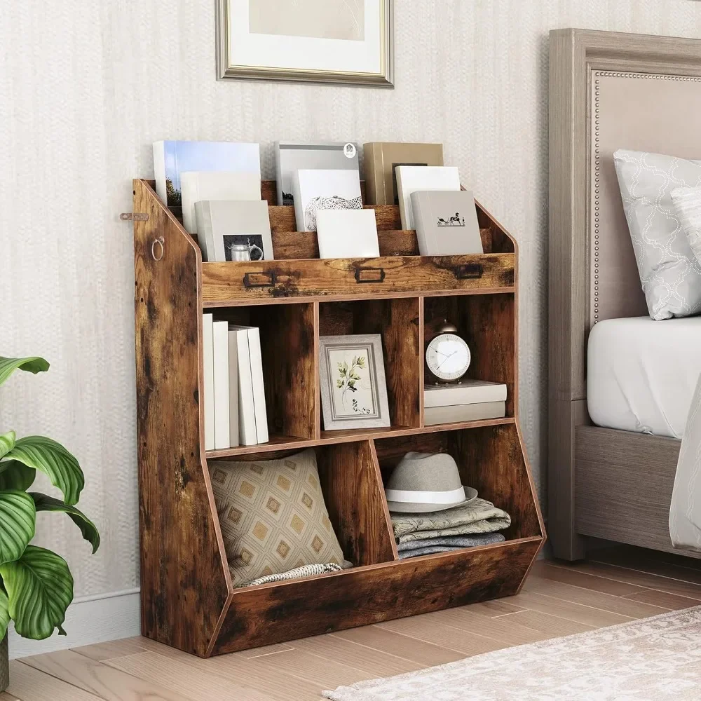 Kids Bookshelf, Toy Storage Organizer, Bookshelf for Kids, 5 Compartments and 3-Layer Shelves, Bookcase Footboard 2