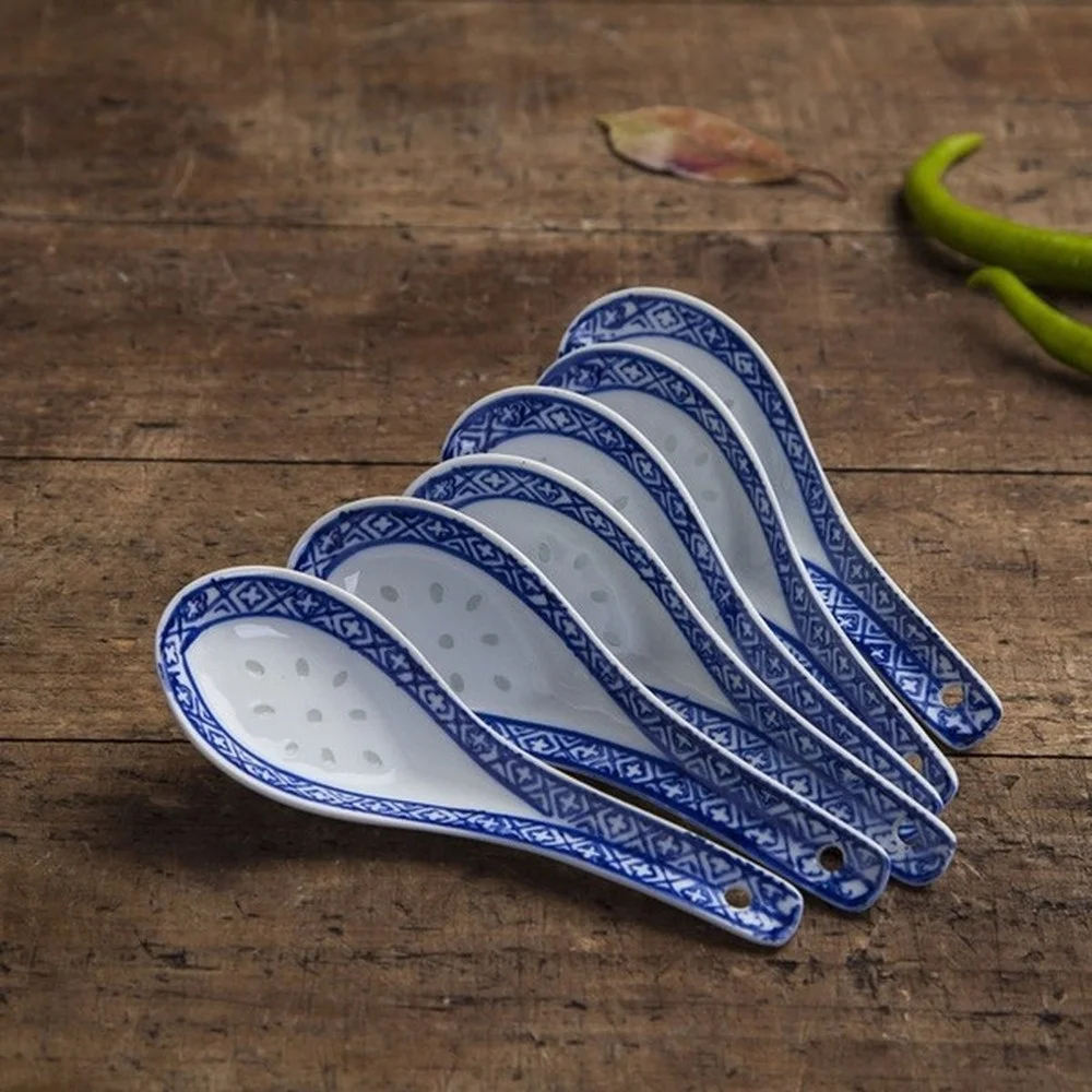 5pcs Ceramic Spoon Chinese Style Porridge Scoop Tableware Soup