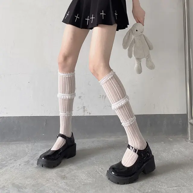 Lolita Lace Frilly Ruffle Long Socks Stockings JK Japanese Style Black White Knee High Socks Women Sweet Girls Thigh High Socks 4