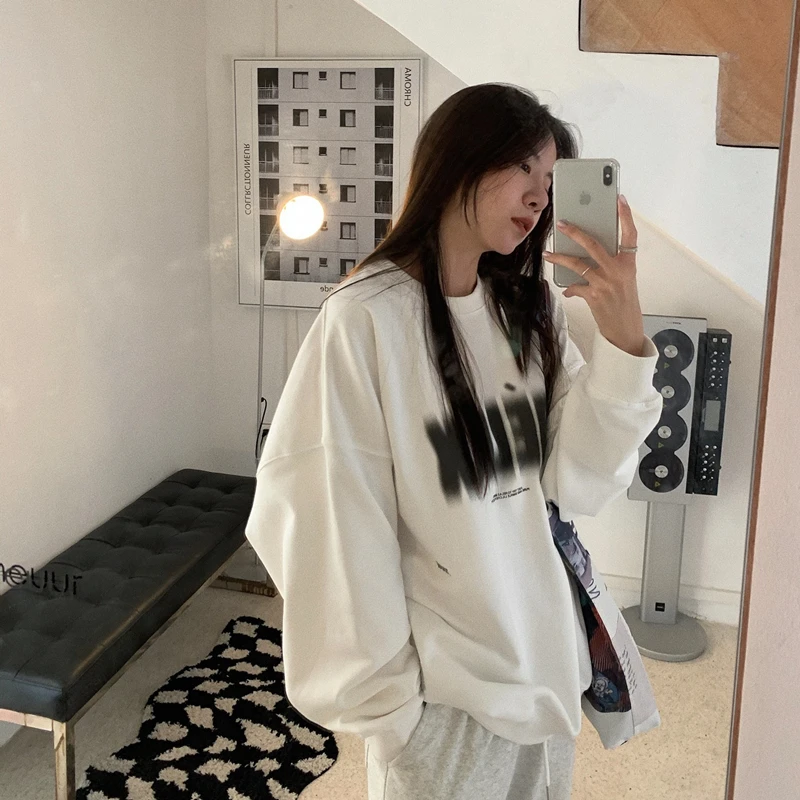 

White Womens Pullover Sweatshirt Long Sleeve Baggy American Lazy Style Letter Printing Crew Neck Casual Female Tops Pullover