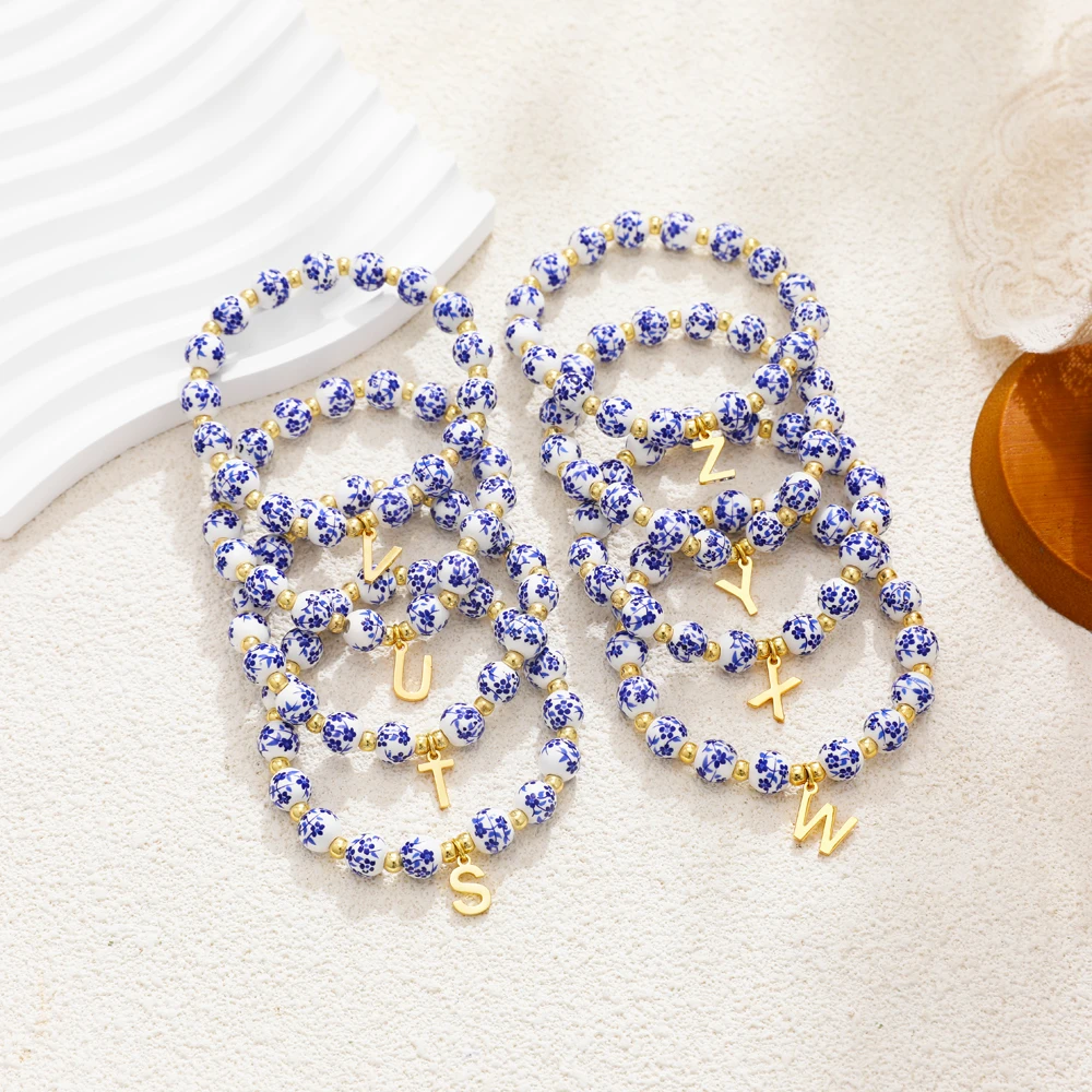 2 Pcs/set Handmade Beads Blue and White Porcelain Letter Bracelet Elastic Rope Initial Alphabet Bangle Birthday Gifts Jewelry