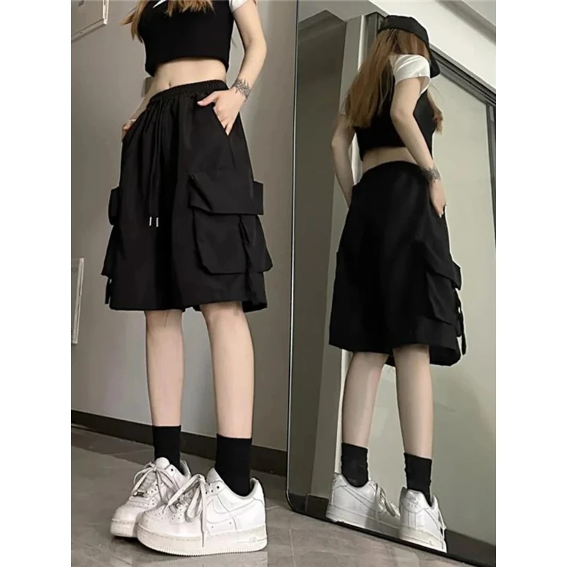 Y2K Summer Women Vintage Streetwear Korean Casual Shorts High Waist Knee Length Wide Leg Baggy Cargo Pockets Short Pants Clothes