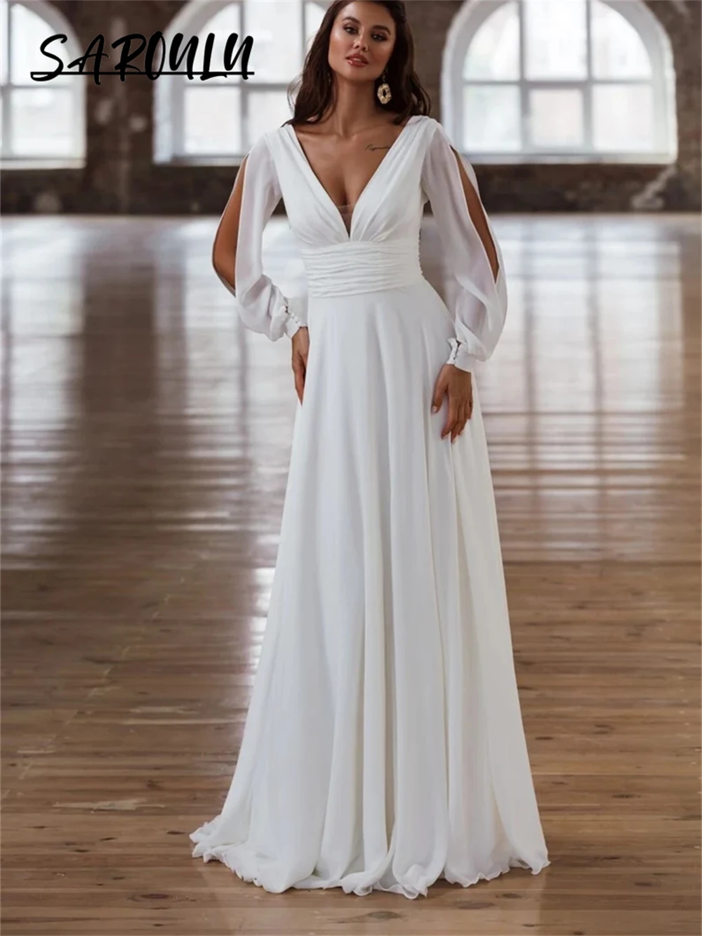 

Simple Casual Chiffon Long Women Wedding Dress Full Sleeves V Neck Backless Custom Made Court Train Bridal Gown