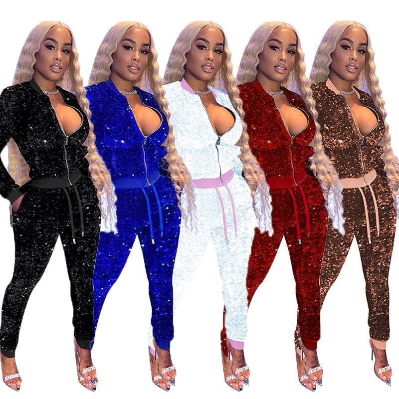 Velvet Sequin Patchwork Women Casual Two Piece Set 2023 Autumn Winter Warm Zipper Coat and Sweatpants Tracksuit Streetwear