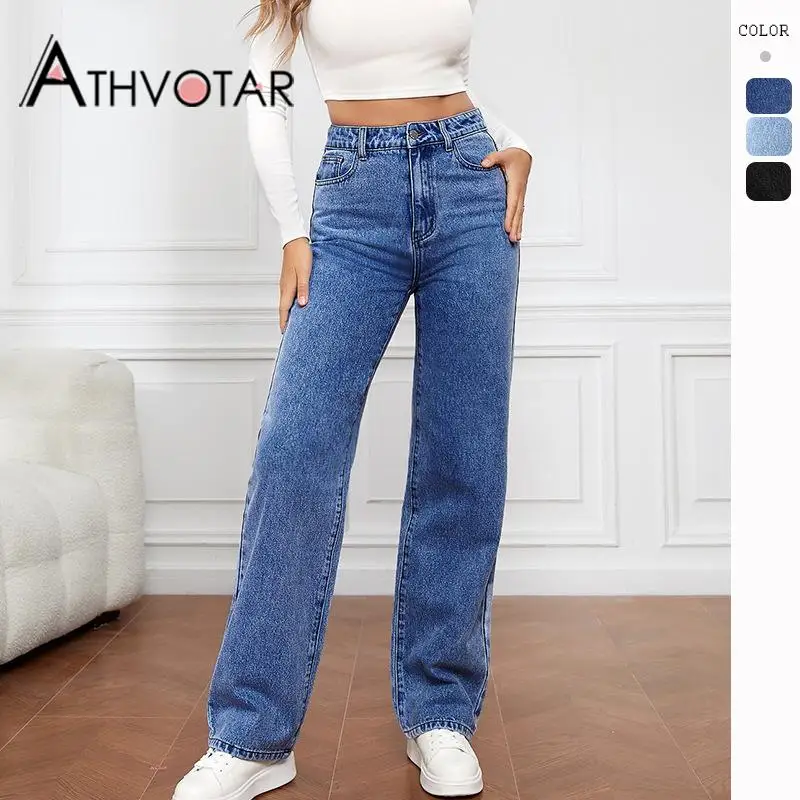 

ATHVOTAR S-2Xl Women Washed Denim Pants Elastic Fashion Pocket Straight High Waist Loose Wide Leg Jeans Pants Casual Trousers