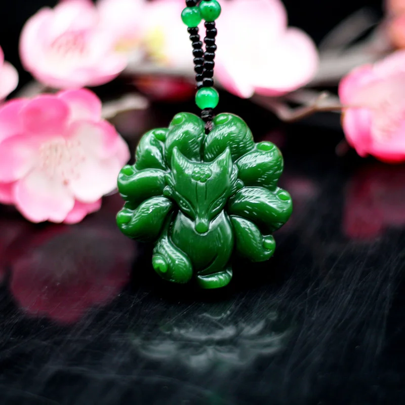 

Natural Green Jade Nine Tailed Fox Pendant Necklace Jadeite Chinese Hand-Carved Fashion Charm Jewelry Amulet Gifts for Women Men