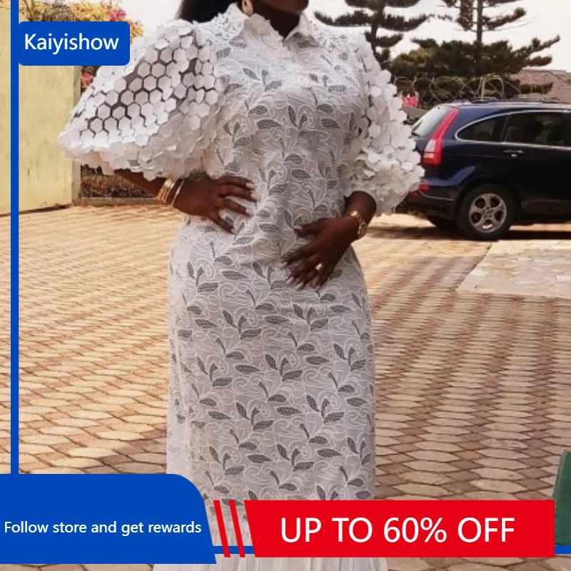 Women Puff Sleeve Shirt Dress Polo Collar Solid Hollow Out Lace Floral Loose Casual Regular Splice Long Dresses Autumn 2024