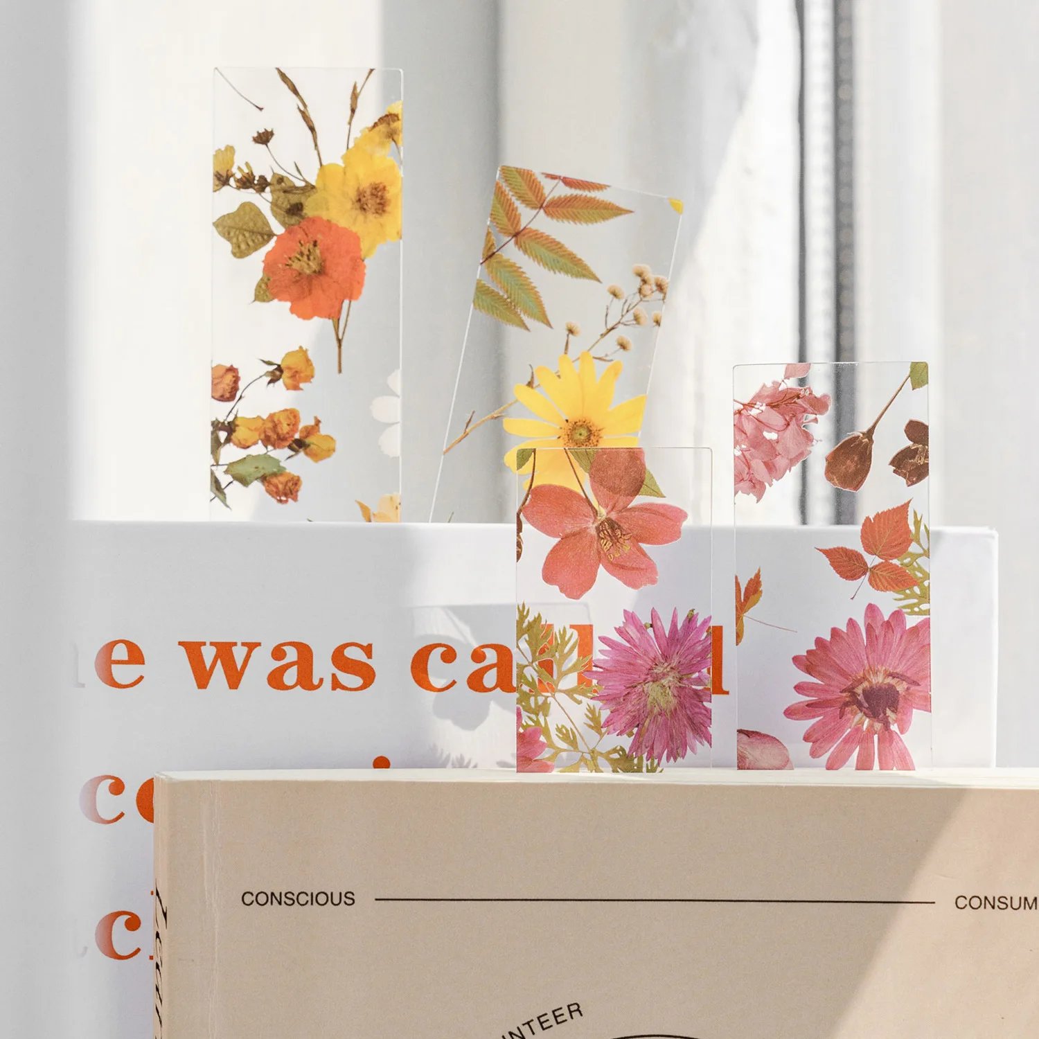 Bookmarks Stationery Supplies 5PCS Four Seasons Flower Travel Series PVC Translucent Retro Reading Book Mark