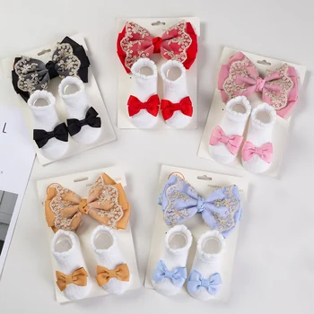 3Pcs/Set Leg Ruffled Cotton Socks Baby Girls Kids Clothing with Lacework Toddlers Cotton Hair Ribbon Bows Sock Elastic Hairband