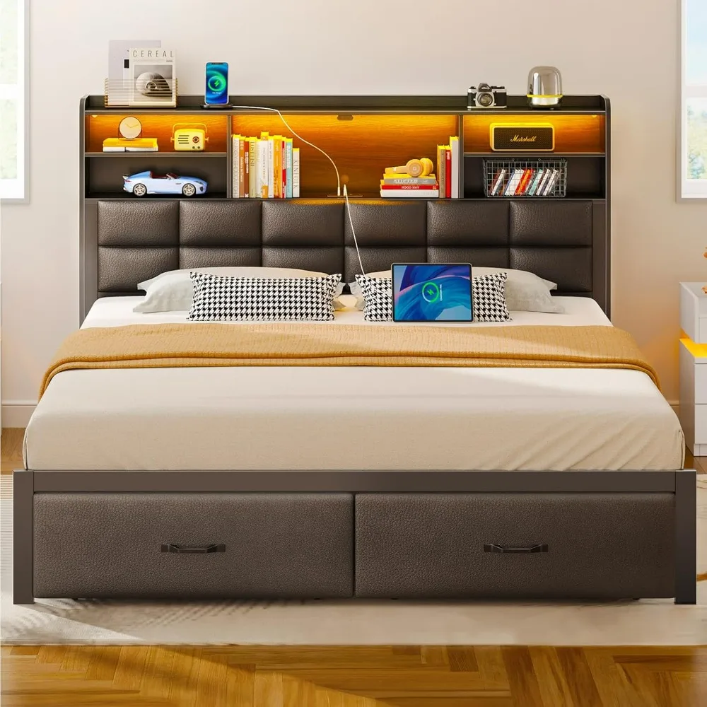 Bed Frame with Drawers，Charging Station,Upholstered Platform Bed w Storage Headboard LED Light, Heavy Duty Metal Frame Support 6