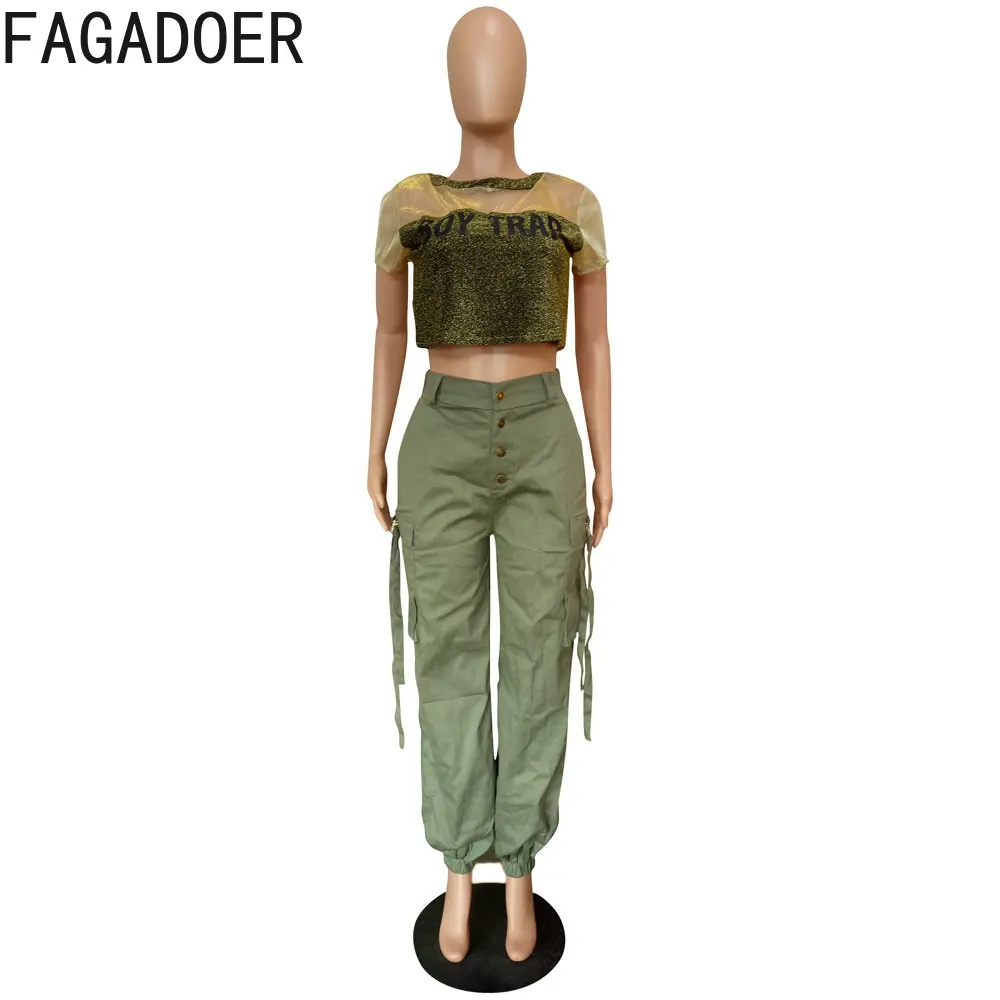 FAGADOER Vintage Cargo Pants Baggy Jeans Women Fashion Streetwear Pocket Wide Leg High Waist Straight Y2k Denim Trousers Buttoms