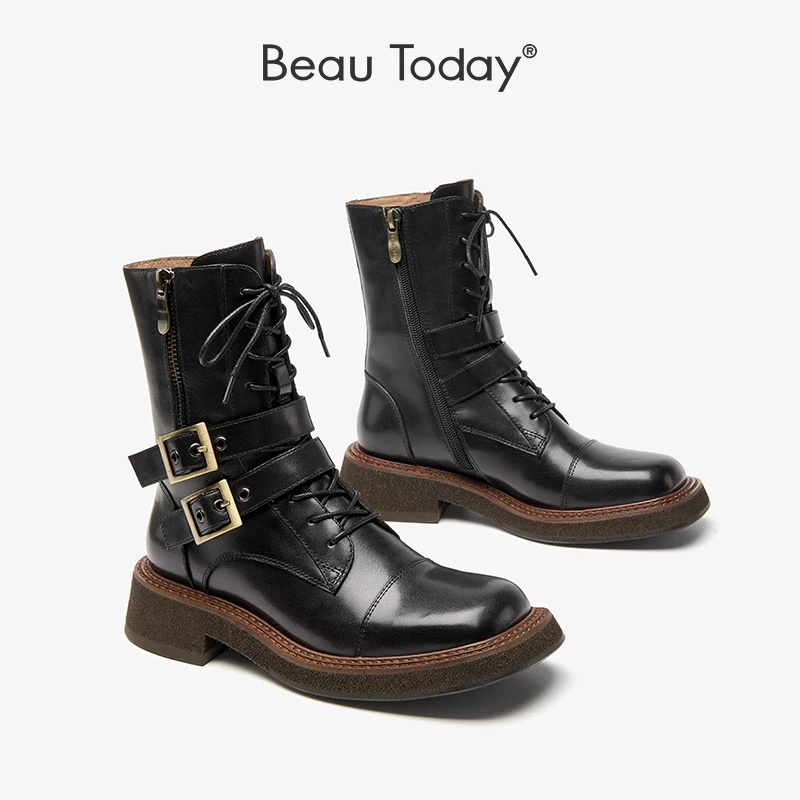 BeauToday-오토바이 부츠, 여성  소 가죽, 발목 길이, 스퀘어 토, 지퍼 버클 장식, 여성 펑크 신발, A03222