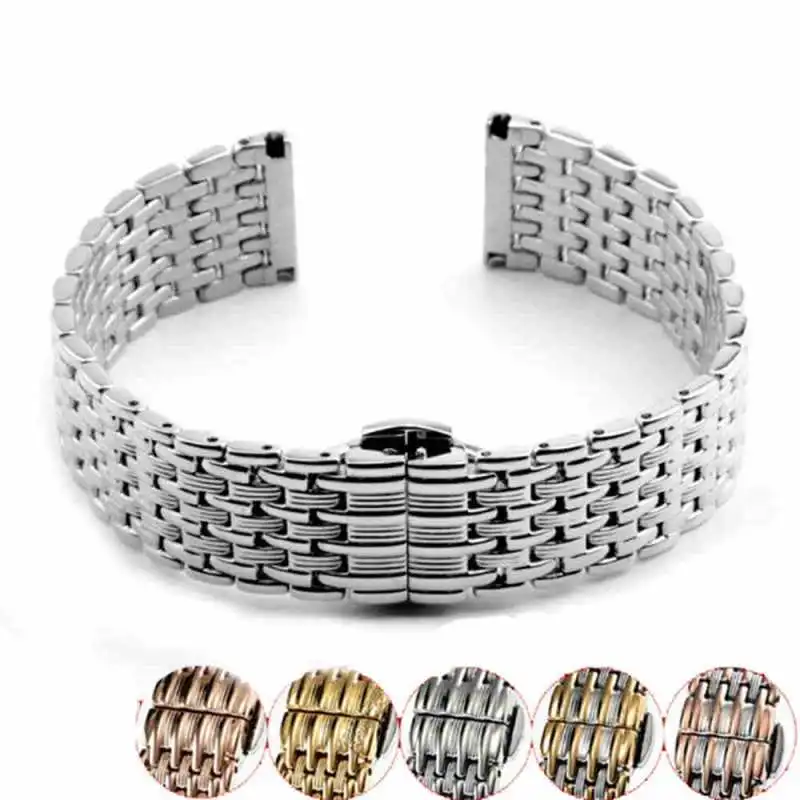 18mm 20mm 22mm Stainless Steel Solid Butterfly Buckle Bead of Rice Straight End Watch Band Strap Fit for All Watches