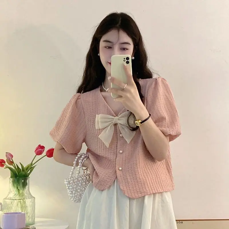 

Korean Folds Tops Women New Sweet Puff Sleeve Solid V-neck Bow Preppy Style Casual Shorts Single Breasted Blouses