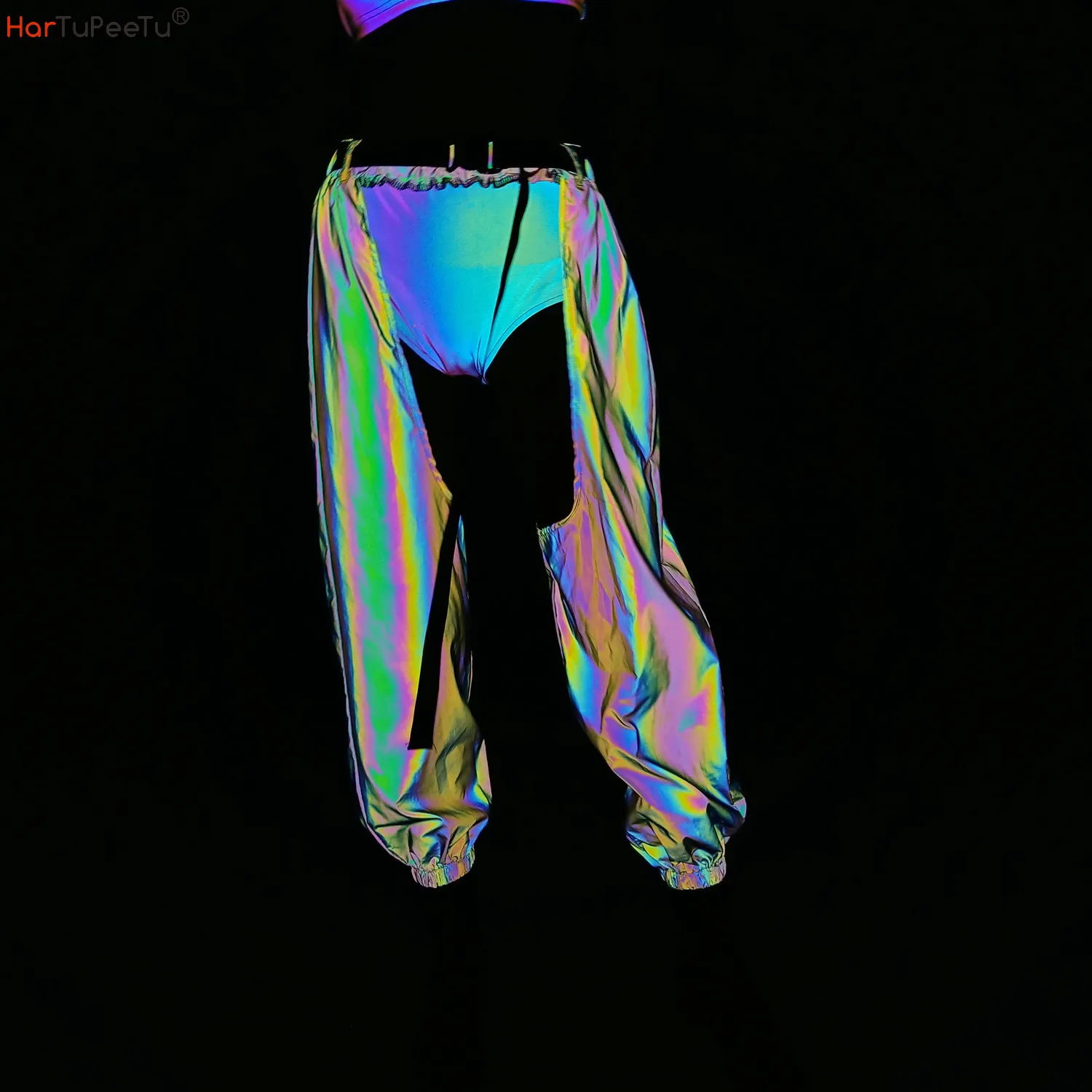 Reflective Safe Cargo Pants Women Rainbow Trouser Four Seasons Elastic Waist Sexy Hollow Out Crotch Hip Hop Streetwear with Belt
