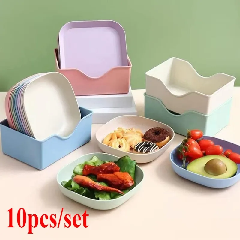 10PCS/SET Plastic Dinner Plates Small Disks Square Plate Set Deep Unbreakable Dinner Salad Plates Dinnerware Dishes Set Kitchen Supplies Plastic Dinner Plates