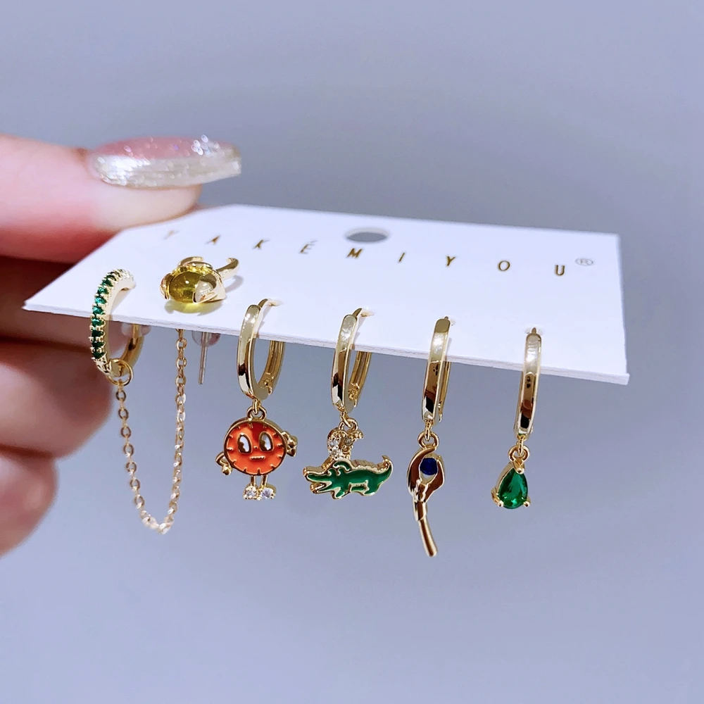 MIGGA 6pcs Cool Movie Hero Pendant Drop Earrings Set Gold Color Plated Cubic Zircon Stone Women Jewelry 6