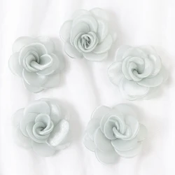Elegant White Chiffon Camellia Rose Fabric Flowers - Set of 8 (Light Green)
