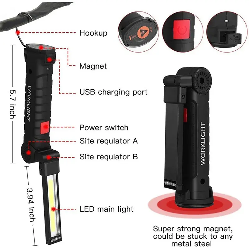 Led flashlight rechargeable portable COB folding work light 5Modes waterproof camping floodlight with magnetic & hook