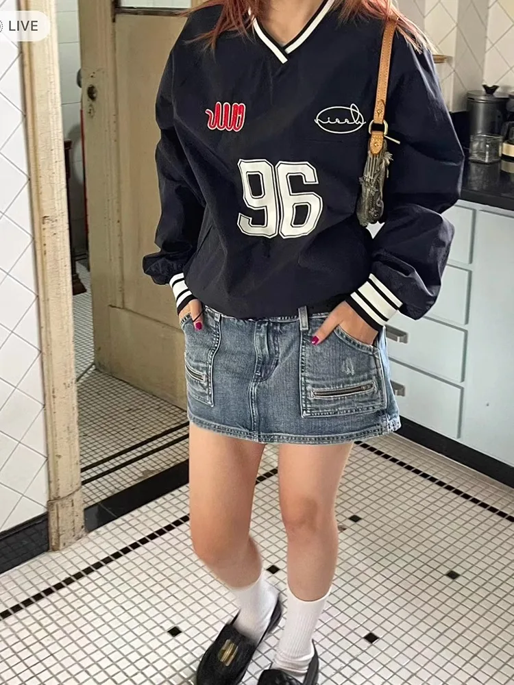 Jennie Kim V-Ne Baseball Sweatirt Loose Fit Embroidered Cotton Long Sve Autumn Faion Casual Streetwear