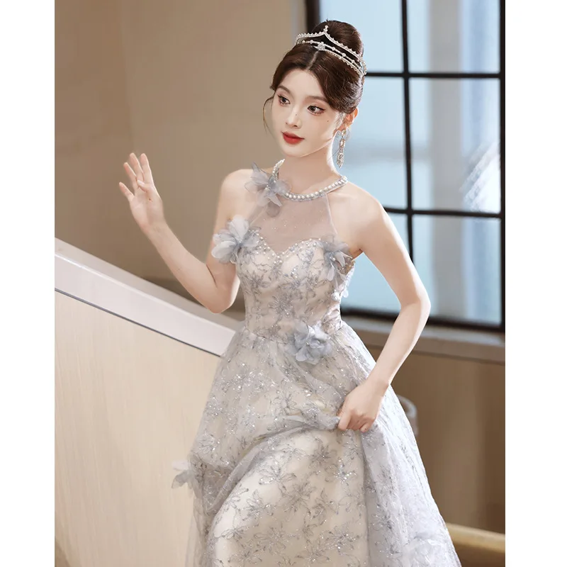 

Women's Evening Dress Classic Neck-Mounted Sleeveless Beading Floral A-Line Floor-Length Quinceanera Prom Dresses Host Wear